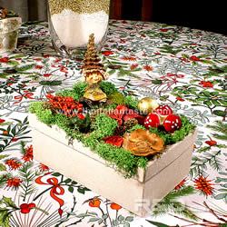 White wooden bow with elf on the top, sitting among moss and mushrooms