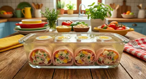 Ham rolls with Russian salad and hard-boiled eggs