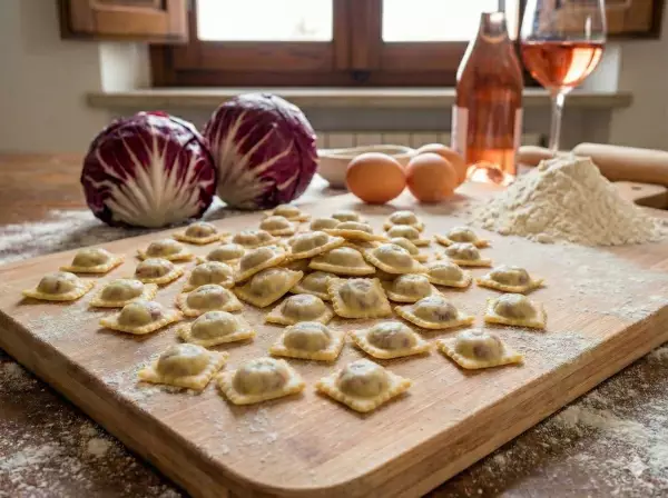 Red radicchio and sausage ravioli