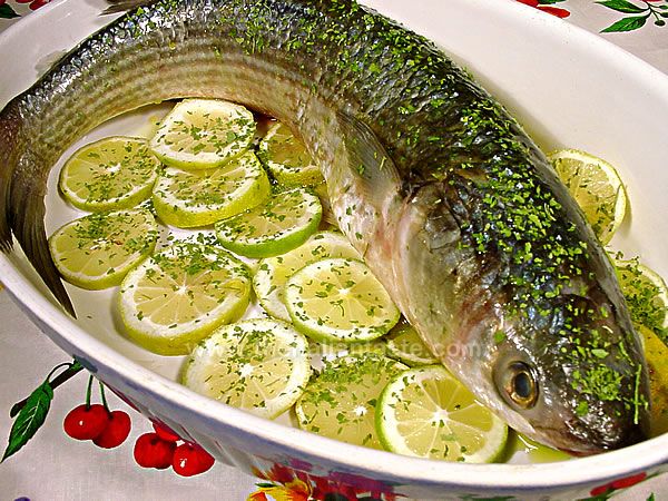 Baked grey mullet