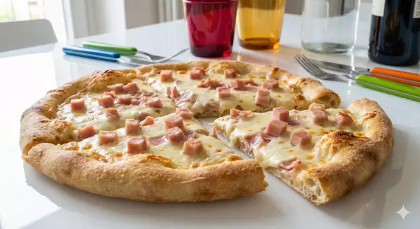Pizza with ham and without tomato