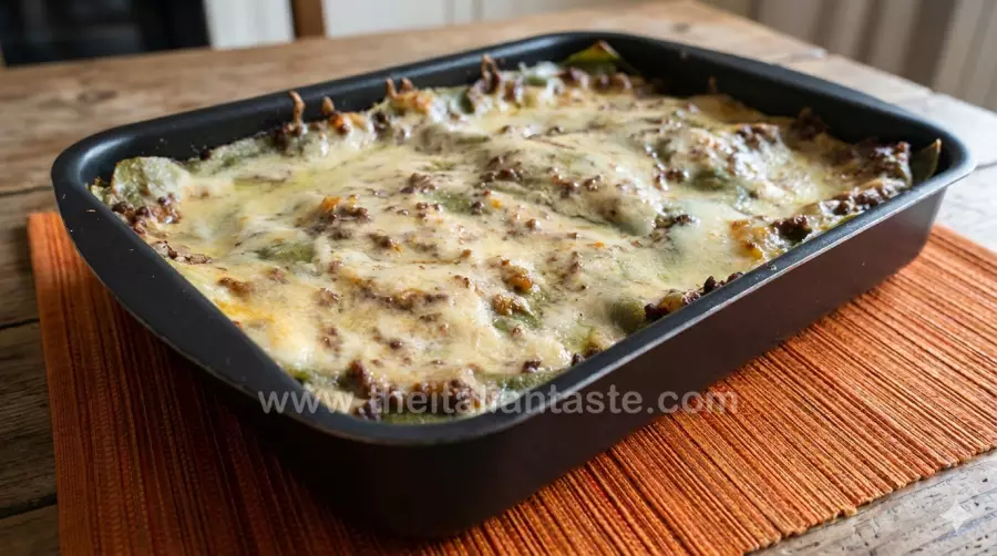 lasagne alla bolognese, la foto mostra le lasagne nella teglia con la superficie di besciamella e ragù alla bolognese, si intravede anche la pasta per le lasagne alla bolognese che deve essere verde