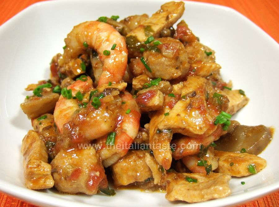 Sausage, chicken, shrimp, mushrooms stew